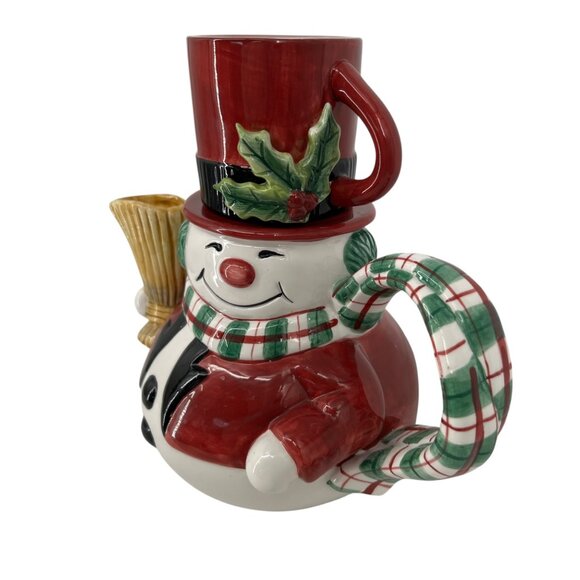 Fitz And Floyd Snack Therapy Snowman Teapot Cup Set Vintage Red Black with Box - Picture 7 of 14
